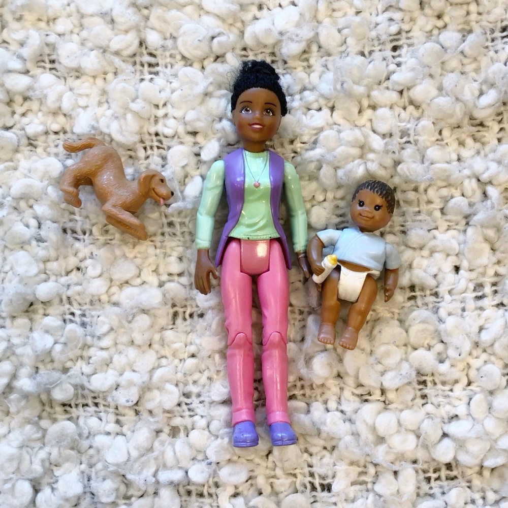 Fisher Price and Mattel Dollhouse Figures African American Mom, Baby, and Dog